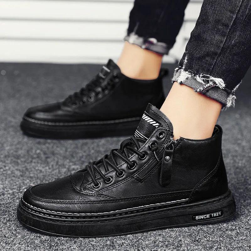 Spring Men's Shoes High Top Casual Leather Shoes Men's Work Waterproof Skid Plate Shoes All Match Sneakers Breathable Soft Sole Zipper Shoes