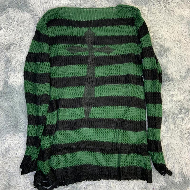 Punk Gothic Long Sweater Dress Plus Size Hollow Out Hole Destroy Pullover Jumper New Oversized Hip Hop Harajuku Striped Sweaters Hip Hop Streetwear