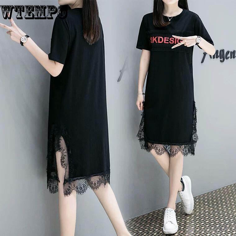 Skirt Summer Dress Female Fashion Loose Long Section Short-sleeved T-shirt Lace Split