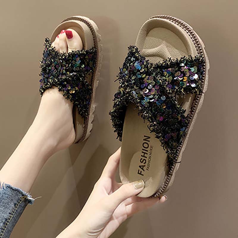 Sandals and Slippers Women's Summer Wear Korean Version of Flat-bottom Non-slip Cross Sequins Sponge Cake Thick-bottom Beach