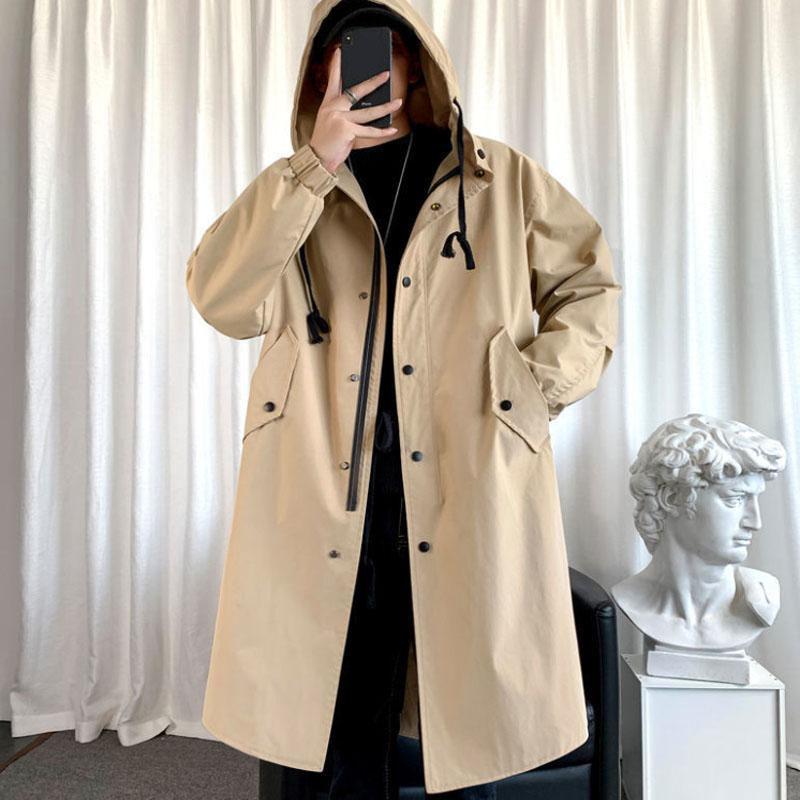Spring & Fall Trend Hooded Windbreaker Men Solid Jacket Casual Loose Coat Comfortable Parka Long