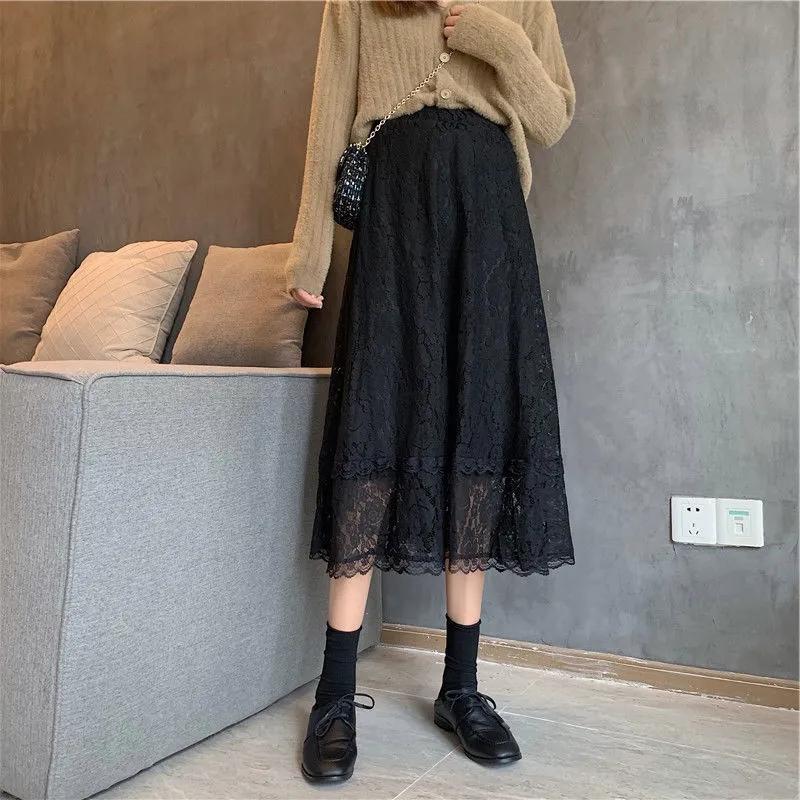 High Waist Lace Skirt Elegant Flower Embroidered Women's Summer A-line Bottoming Mid-length All-match Drape Skirt