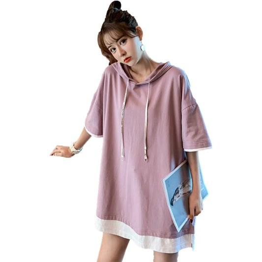 Hooded Long T-shirt Dress Women Girl Loose Casual  Big Loose Home Comfort Outer Convenient above knee Dress
