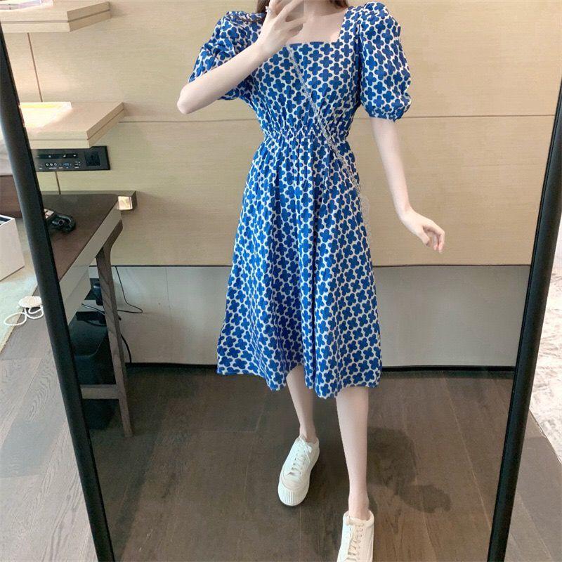 Women's Summer French Elegant Blue Square Shoulder Bubble Sleeve Backless Floral Design Niche Dress
