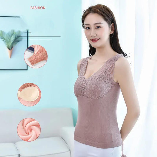 Women's Thermal Vest Plus Velvet Thick Lace Thermal Underwear Body Shaping Bottoming Shirt Ladies Thermal Underwear