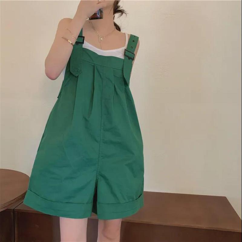 Salt-tie Bib Pants Women Summer Thin Loose Green Wide-leg Pants Workwear Jumpsuit Straight Pants