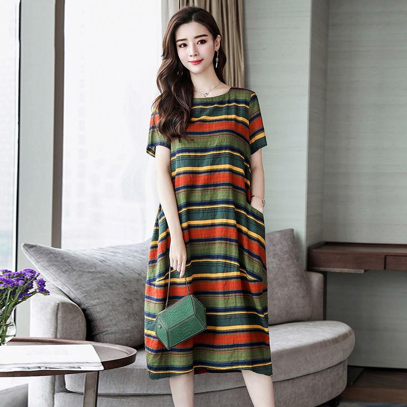 M-XXL Cotton Short-sleeved Summer Mid-calf Pattern Striped Decoration Pockets Dress