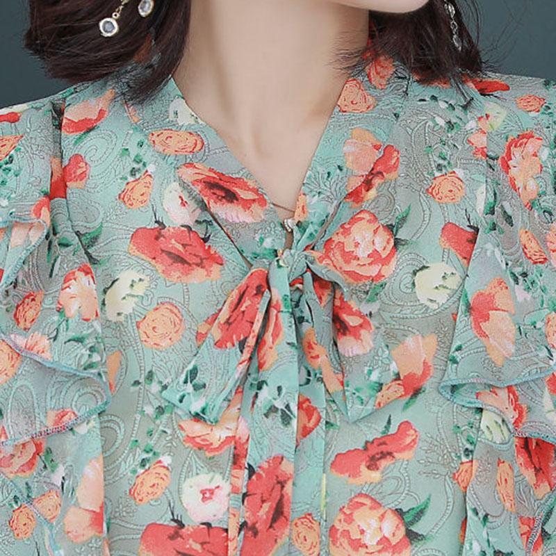 Women's Summer Chiffon Ruffled Mid-sleeve Top V-neck Large Size Floral Loose T-shirt