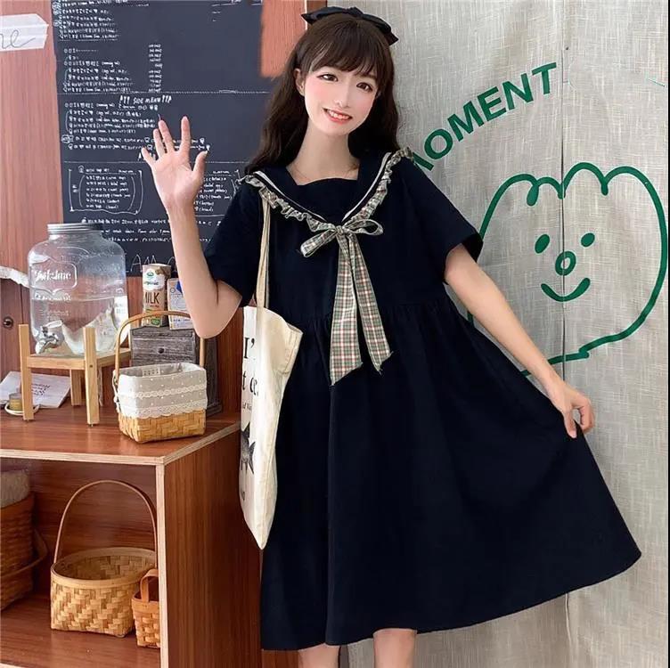 Solid Color Sailor Collar Navy Dress Sweet Bow-knot Girl Retro Style Student Girls Knee-length Dress