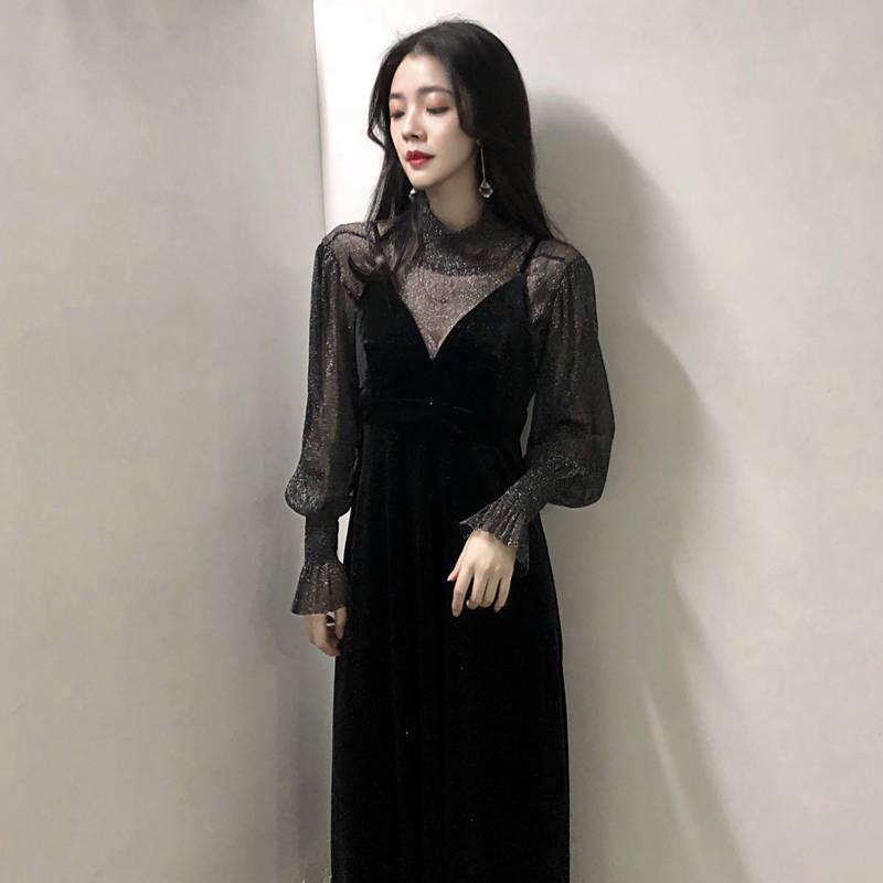 Sling Dress Two-piece Women's Korean Style Loose Mesh Gauze Stitching V-neck Long Sleeve Suit