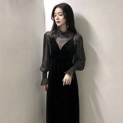 Sling Dress Two-piece Women's Korean Style Loose Mesh Gauze Stitching V-neck Long Sleeve Suit