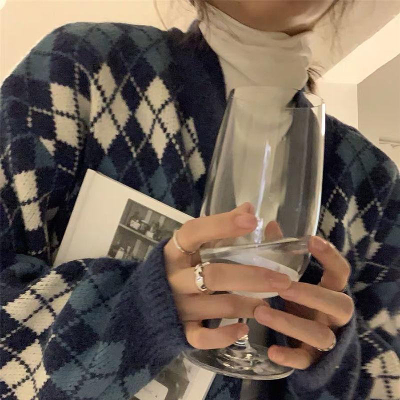 Autumn Winter Check Color Contrast V-neck Long  Sleeved Sweater Jacket Women Retro College Style Loose Knit Cardigan Outer Wear