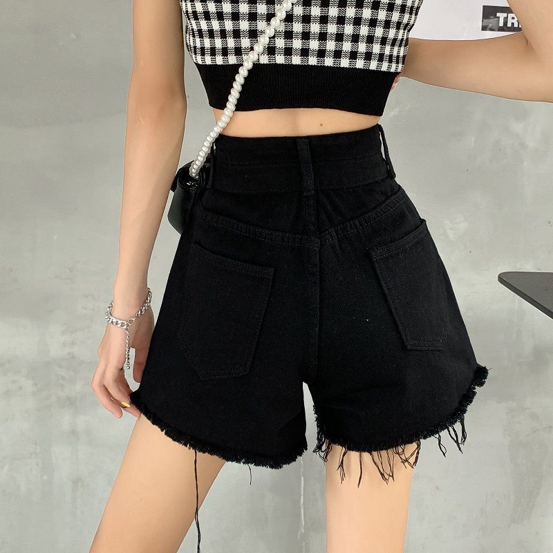 Black Denim Shorts Women's Summer Design Raw Edge Wide-leg Pants Women's Loose Casual