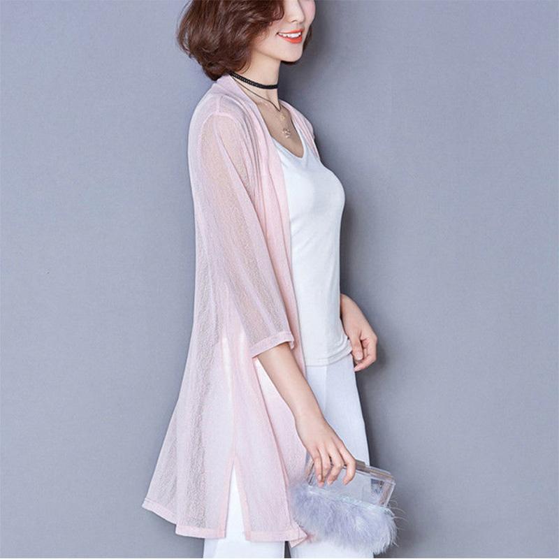Shawl Coat Women's Sun Protection Coat Mid-length Cardigan with Large Size Loose Knitted Thin Mesh Gauze
