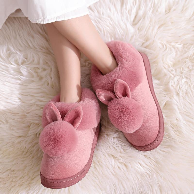 Women Unisex Winter Home Slippers Leather Waterproof Non Slip Slippers Plush Warm Indoor