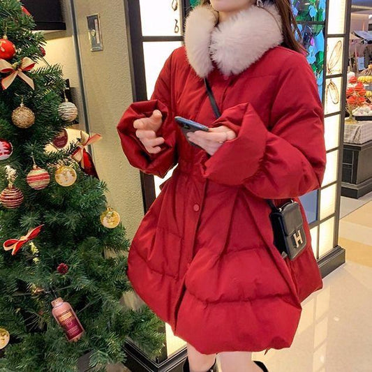 Christmas Big Fur Collar Cotton Jacket Women Winter New Sweet and Thick Mid-length Waist Red Puffy Cotton Jacket Women