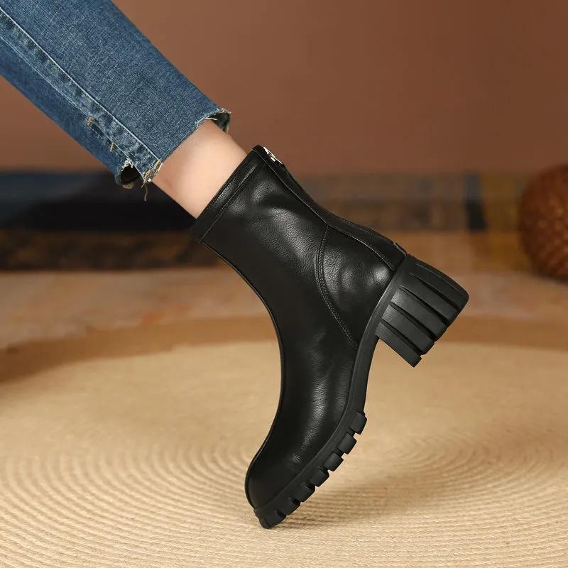 Martin Boots Woman Round Head Retro Boots Black Middle Boots Back Zipper Chelsea Boots Single Boots Spring and Autumn