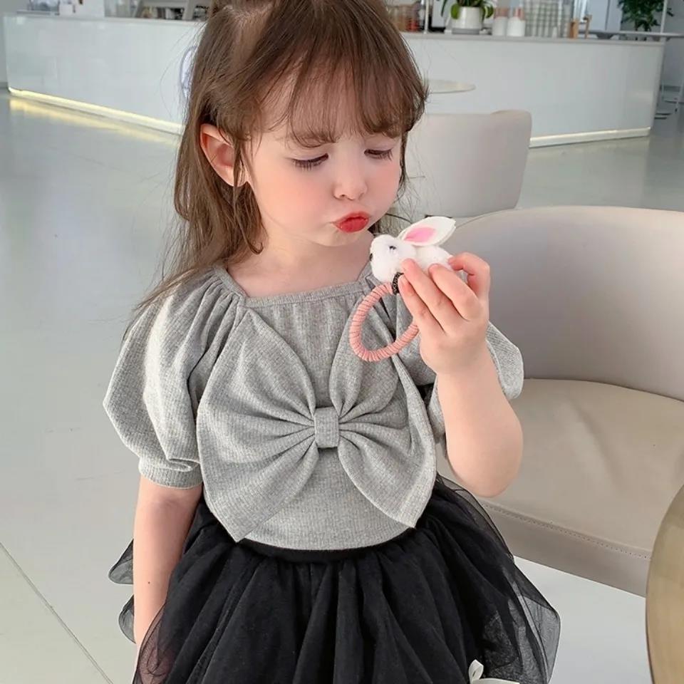 Girls' Summer Bowknot Short-sleeved Tops Korean Children's Cotton T-shirts Middle and Small Children's Western Style Bottoming Shirt