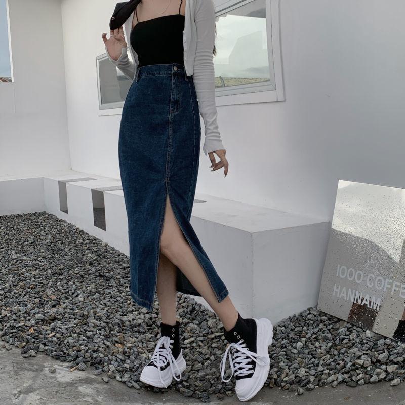 Women Sexy Sweet Solid Split Denim Skirt High Waist Over The Knee Hip Skirt Casual Club Home Office
