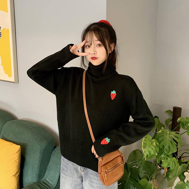 Winter Long-sleeved Loose Strawberry Embroidered Turtleneck Sweet Girl Was Thin Sweater