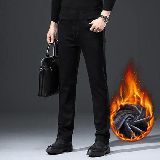 Men's Autumn and Winter Fleece Padded Black Trousers Large Size Straight Elastic Black Jeans for Business Men