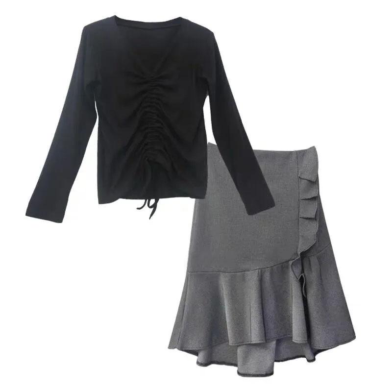 Large Size Women's Skirt Set V-neck Pleated Long-sleeved Top Irregular Ruffled Fishtail Skirt Two-piece Set Spring and Summer Casual Suit