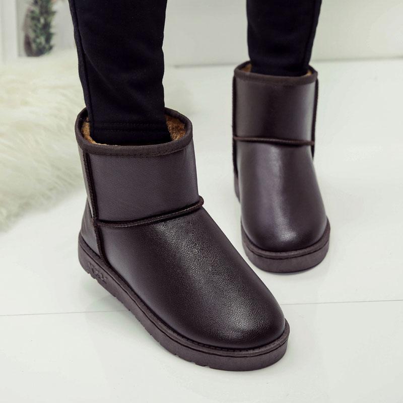 Women Snow Boots Pu Leather Ankle Boots Flat Bottom Waterproof Non-slip Plus Velvet Snow Boots Woman Shoes Large Size 36-40