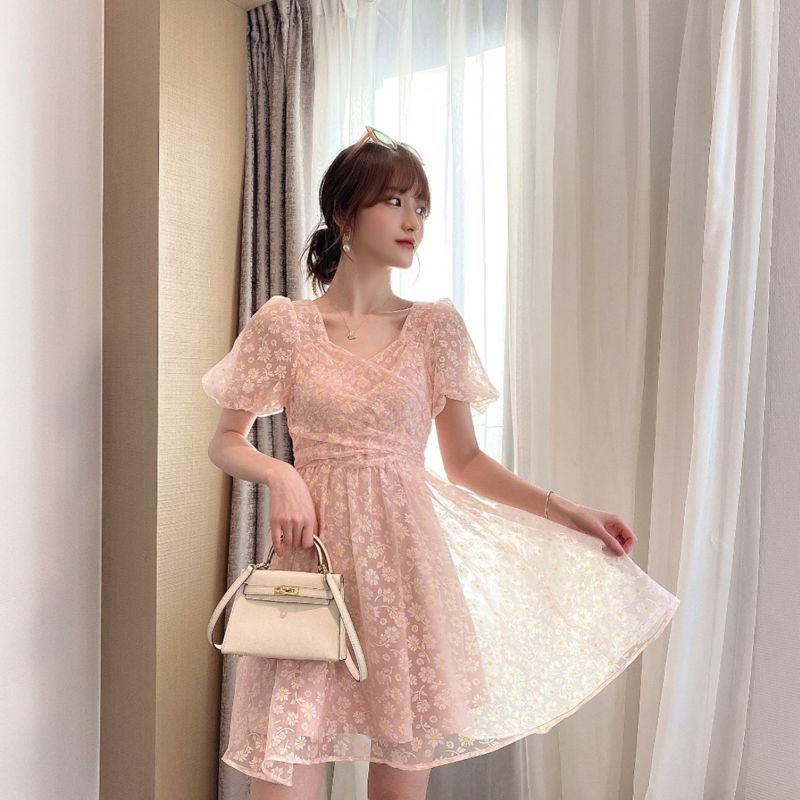 Summer Temperament Bow-knot Big Skirt Short Dress with Daisy Flowers