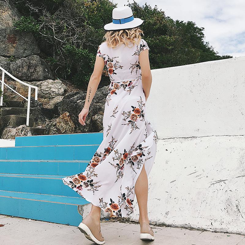 Women Sexy V-neck Printed Chiffon Sexy Split Beach Beach Holiday Casual Dress