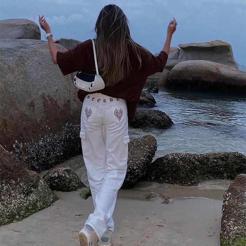 Jeans Women Korean High Waist Street Embroidery Street Wide Leg Pants Jeans for Women High Waisted Jeans Hip Hop Drag Sister Fried Street Pants