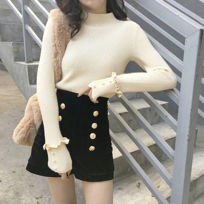 Pofulove Half-High Collar Pullover Knitting Bottoming Tide Sweater Women's Slim Fit Thin Long Sleeve