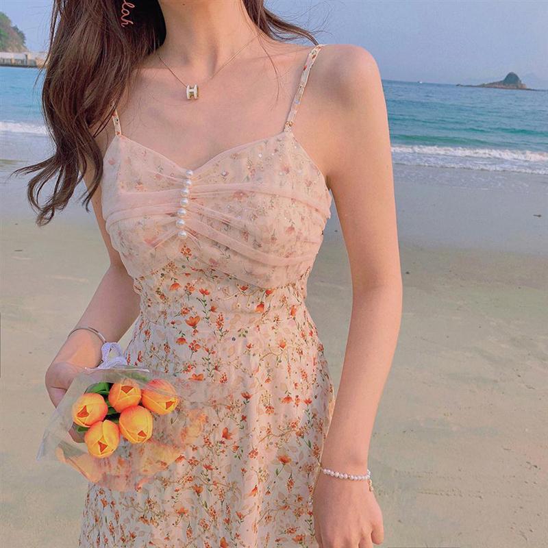 Floral Sling Dress Female Spring Summer Casual V-neck Sleeveless Mid-length Casual  Comfortable