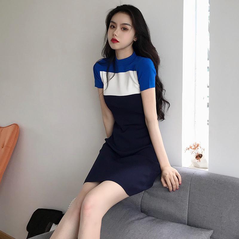 Female Spring French Elegant Sweet Dress Simple Splicing Short Graceful Slim Casual Dress