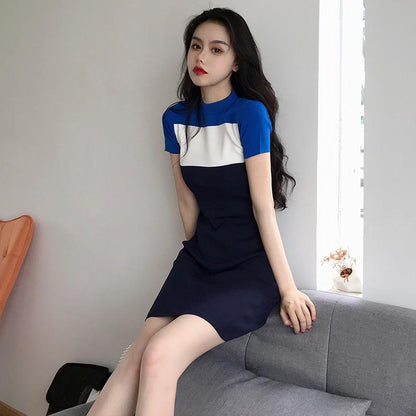 Female Spring French Elegant Sweet Dress Simple Splicing Short Graceful Slim Casual Dress