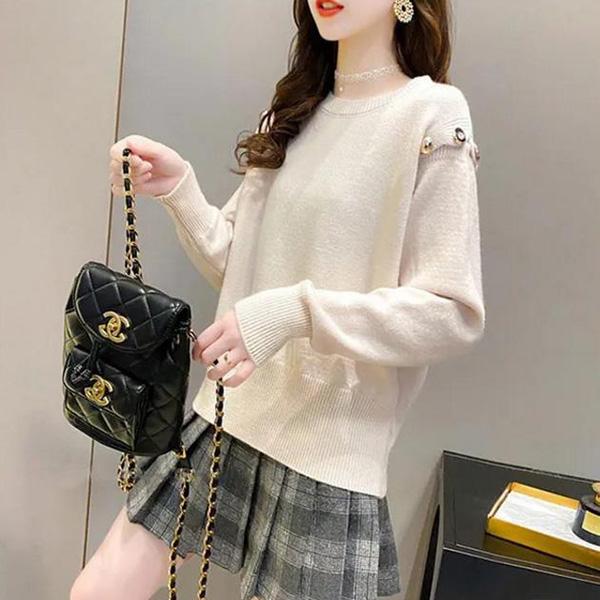 Off-the-shoulder Two-wear Pullover Solid Color Loose Knit Sweater Women's College Style Round Neck Top