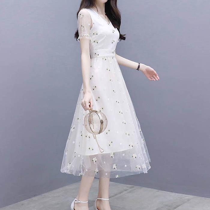 Pofulove S-3XL Women Summer V-neck Chiffon Mesh Dress Slim Sexy Short-sleeved Long A-line Dress