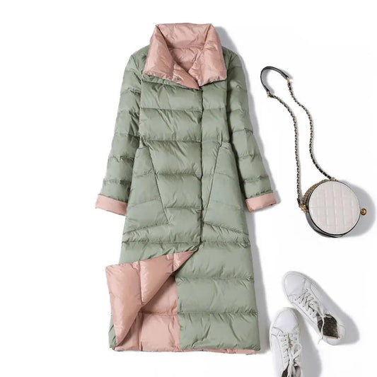 Women's Double-sided Wear Down Jacket Mid-length Extra-large White Duck Down Two-sided Cross-knee Slim Fashion Jacket Wild Warm Parka