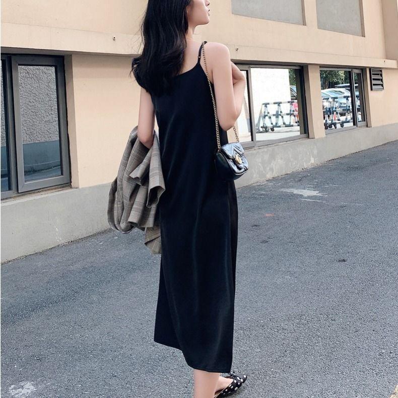 Female Summer V-neck Satin Medium Length Simple Casual Light Mature Style Korean Elegant One Piece Bottom Strap Dress
