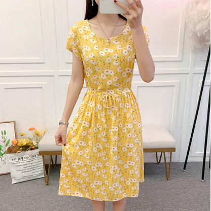 Mid Length Floral Cotton Silk Dress Small Waist Covering Belly Skirt
