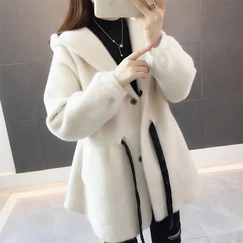 Autumn and Winter, Women's Casual Hooded Waist, Water Velvet Cardigan Net Red Knit Jacket Loose