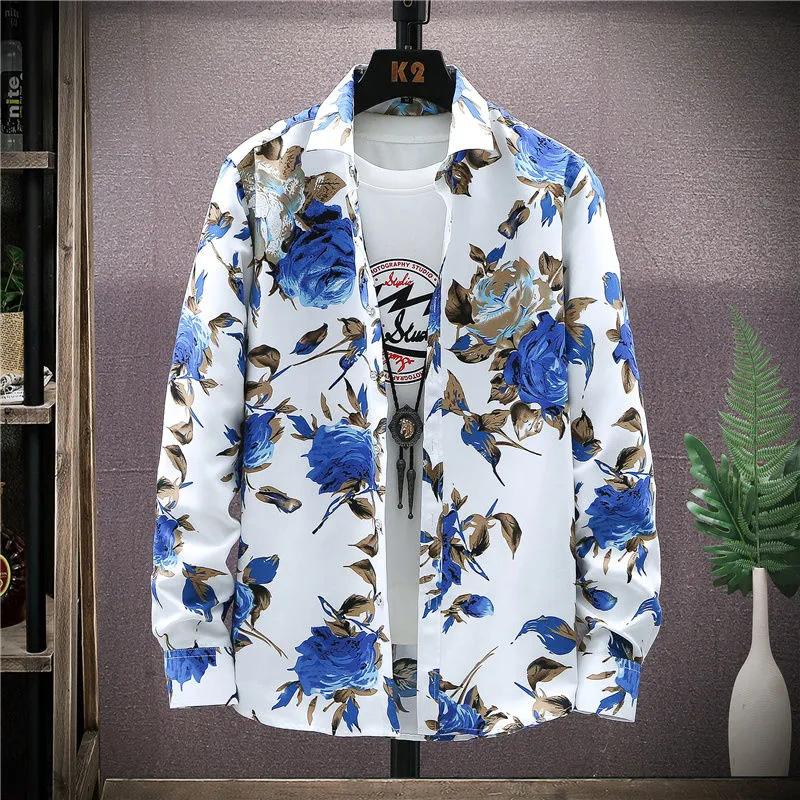 Spring and Autumn Flower Shirt Men's Long Sleeve Slim Lapel Youth Floral Shirt Jacket Thin Top Jacket Shirt