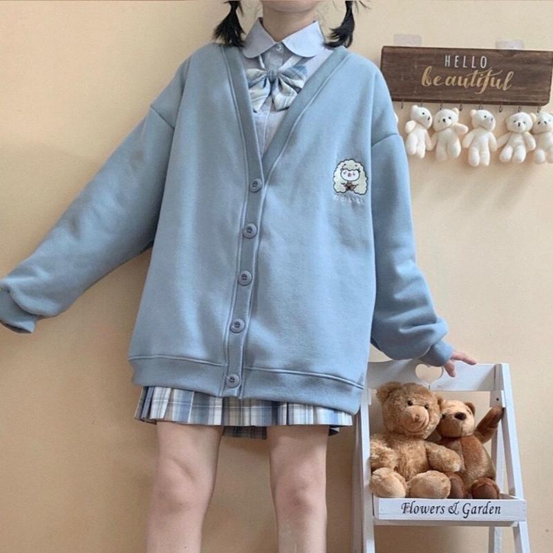 Autumn  Winter Button Cardigan Sweater Women Cute Embroidery Student Loose Coat Female College Style