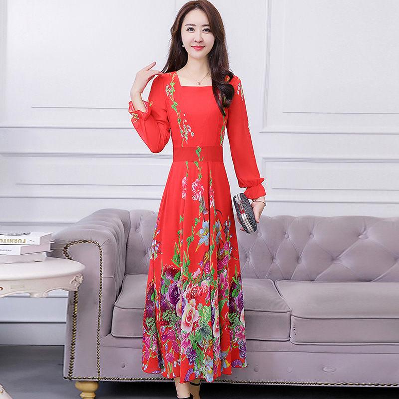Big swing skirt long skirt spring and autumn plus size floral dress chiffon long sleeve dress