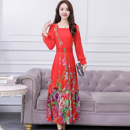 Big swing skirt long skirt spring and autumn plus size floral dress chiffon long sleeve dress