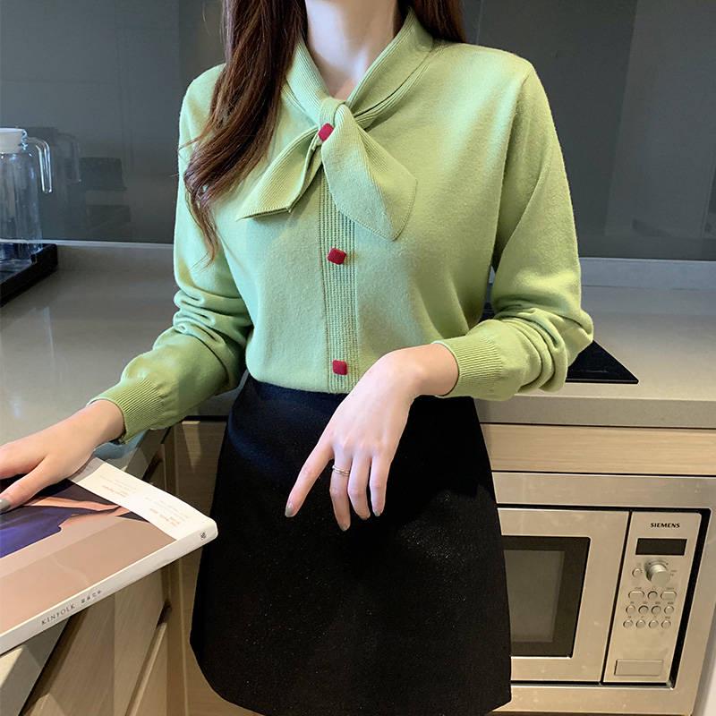 Autumn and Winter Thickening Slim Bow Sweater Women's Long Sleeves Were Thin Inside A Low Collar Knitted Bottoming Shirt Women