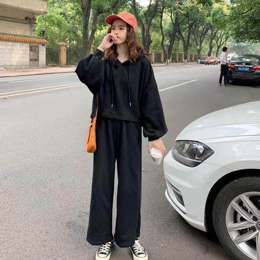 2PCS Sports and Leisure Suit Women's Spring and Autumn Korean Version Hooded Long-sleeved Sweater Loose Wide-leg Trousers Two-piece Set Athletic Girl