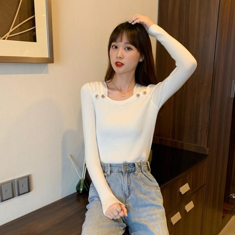 Women Winter Sweater White Pink Purple Square Collar Long Sleeve Slim Pullovers Korean Fashion Knitted Jumper Fall Casual Solid Women Girl Knitwear