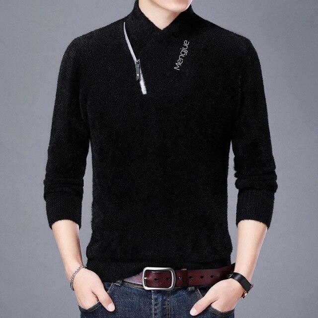 Men Clothing Imitation Mink All-match Base Shirt Men's Diagonal Zipper Stand-up Collar Warm Sweater