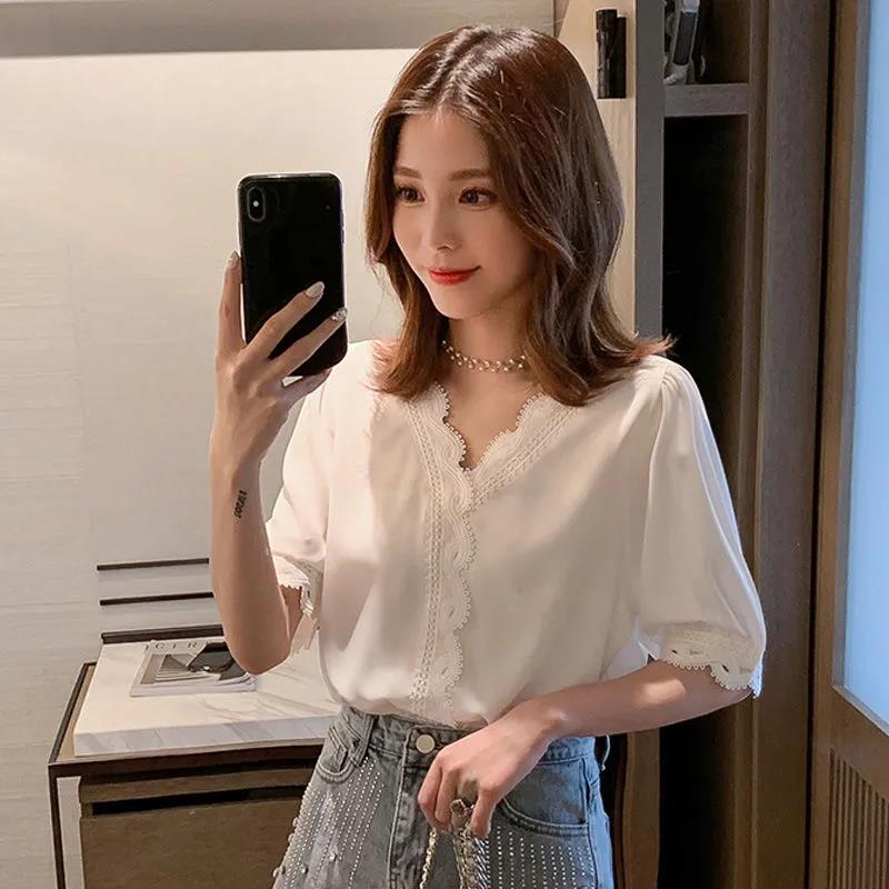 Women Spring Vintage White Shirt Niche Top 3/4 Sleeve Elegant Loose Summer Lace Patchwork Chiffon Versatile Shirt