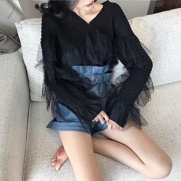 Hollow Lace Stitching Sweater Autumn and Winter Fashion Bottoming Shirt Solid Color Long-sleeved V-neck Sweater Casual All-match Top
